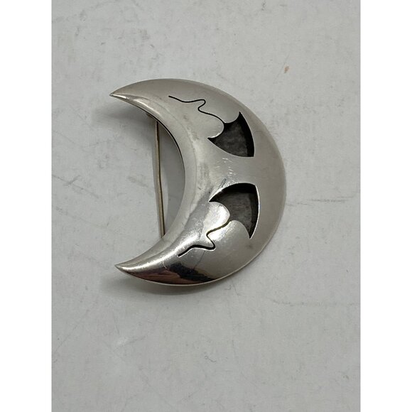 Taxco Sterling 925 Silver Crescent Moon Brooch with Cutouts - Picture 2 of 6